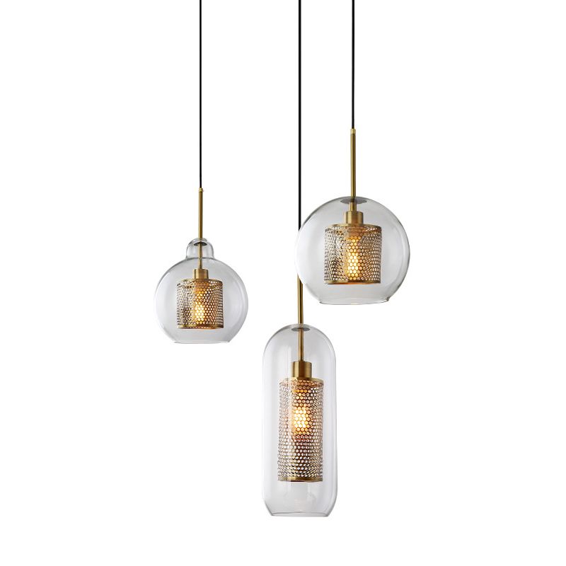 Brass 1 Light Hanging Pendant Light Modern Minimalist Clear Glass Dining Table Hanging Lamp