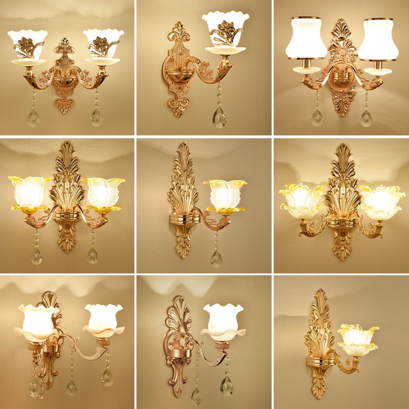 Gold Wall Mount Light Retro Glass Floral Shade Wall Lighting with Hanging Crystal