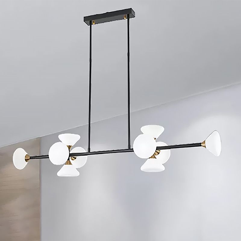 Modern 6/10-Head LED Island Pendant with White Glass Shade Black Linear Ceiling Light Fixture in Warm/White Light