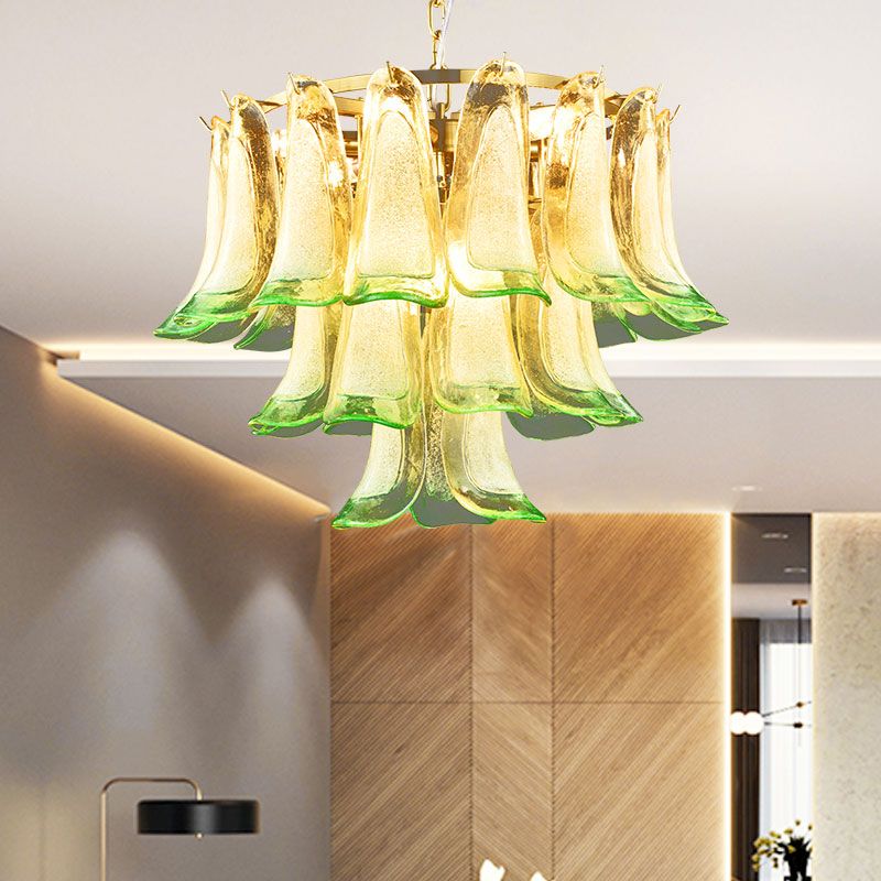 Lampadello di vetro colorato a 3 livelli Luce con soffitto a caduta contemporanea a 9 luci in verde per hotel