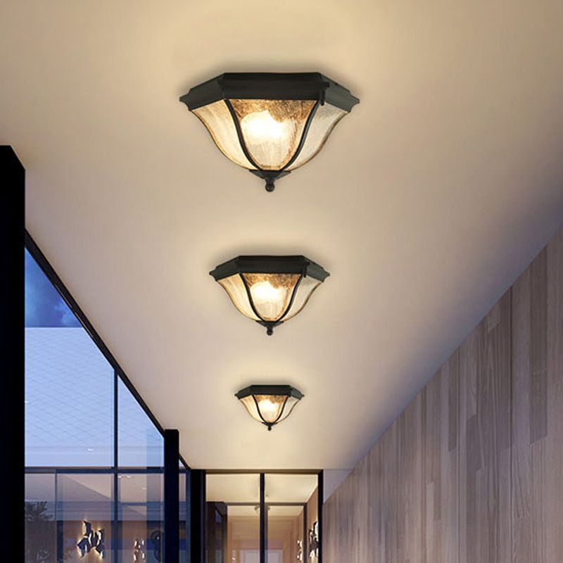 2 Bulbs Geometric Flush Lighting with Seeded Glass Shade Traditional Black Outdoor Ceiling Light for Balcony