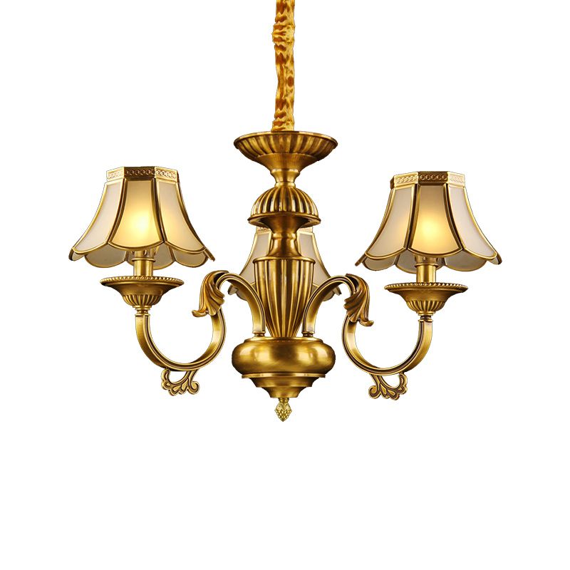 3/8 Lights Suspension Lighting Colonial Flared Frosted Glass Chandelier Pendant Lamp in Gold