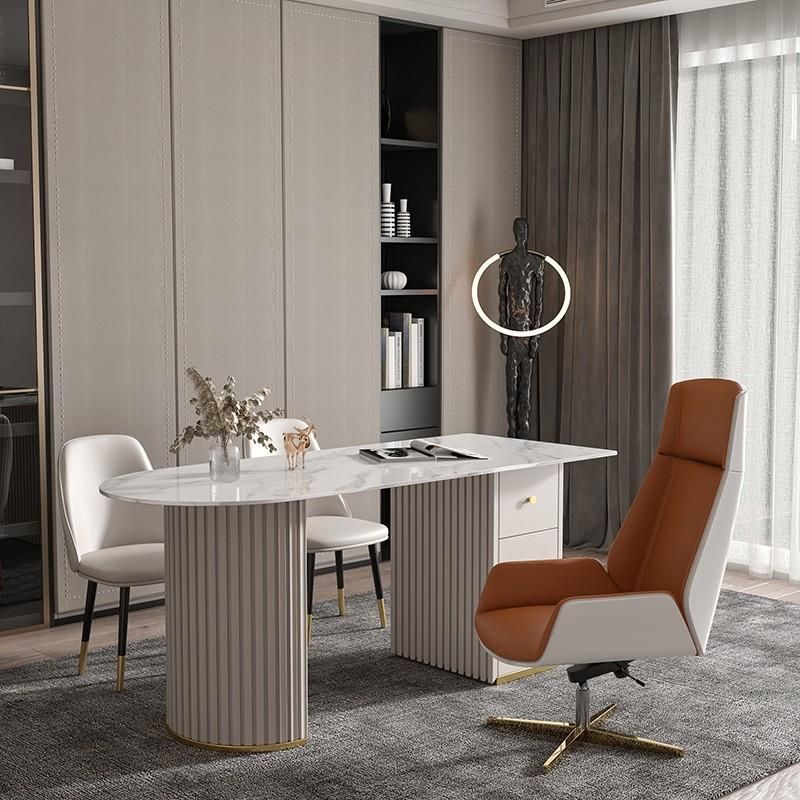 Beige Stone Writing Desk with Chrome Metal Base Office Desk Pedestal