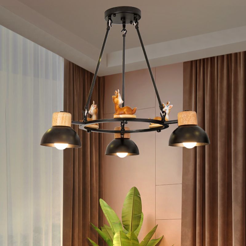Kids Domed Pendant Chandelier Metal 3/6 Lights Living Room Suspension Lighting with Deer/Horse Decor in Black/White