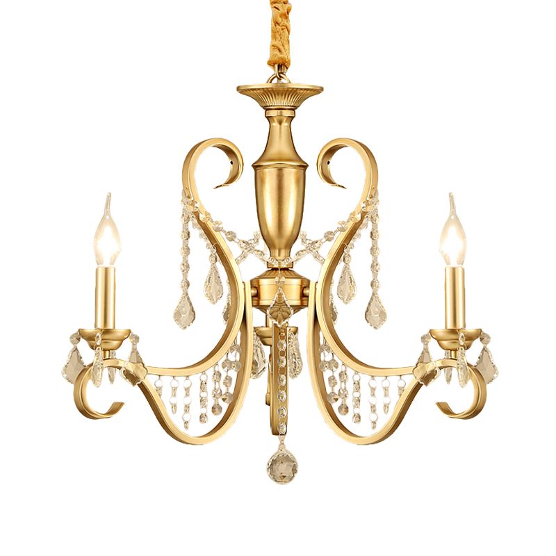 Gold 3-Light Ceiling Chandelier Countryside Metal Candelabra Pendant Lighting with Crystal Accent