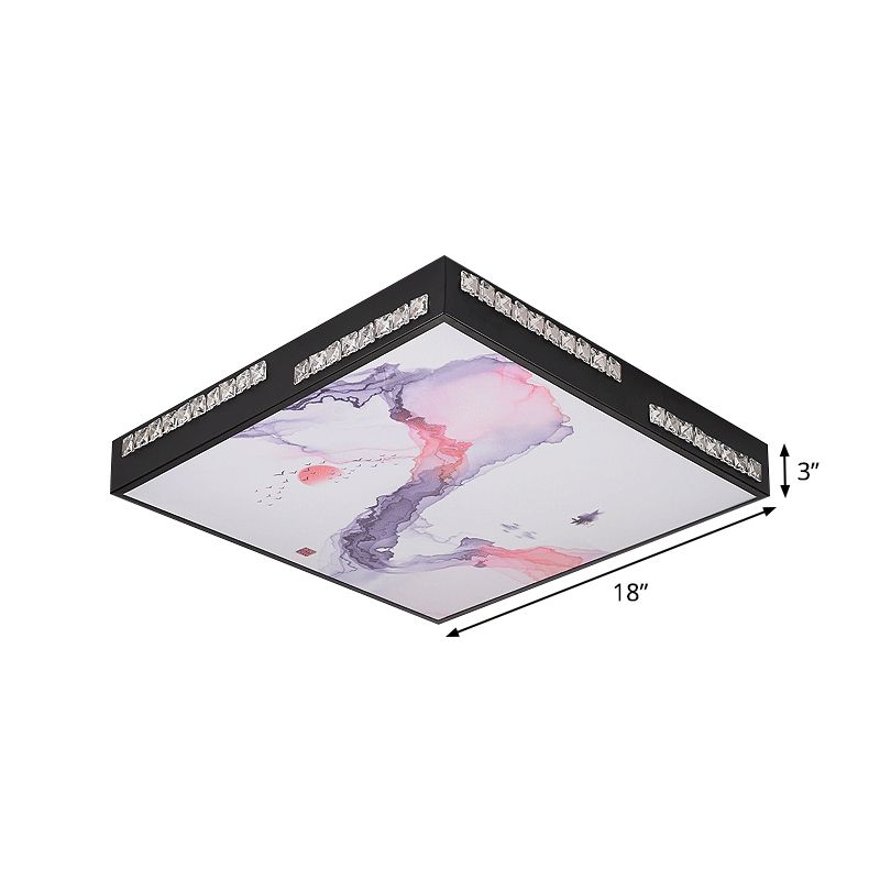 Square Flush Mount Light Fixture Modernist Acrylic LED Black Ceiling Lamp with Faceted Crystal Deco