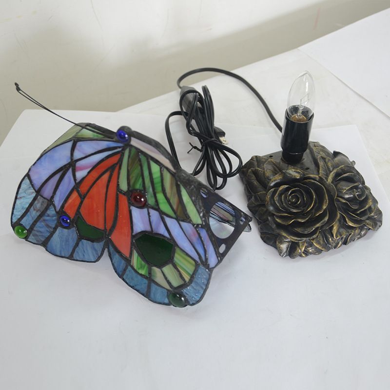 Blue Butterfly Nightstand Lighting Baroque 1 Light Cut Glass Night Lamp with Resin Rose Base