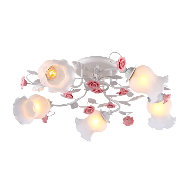 5 Bulbs Semi Flush Mount Korean Garden Floral Frosted White Glass Ceiling Flush Light for Bedroom