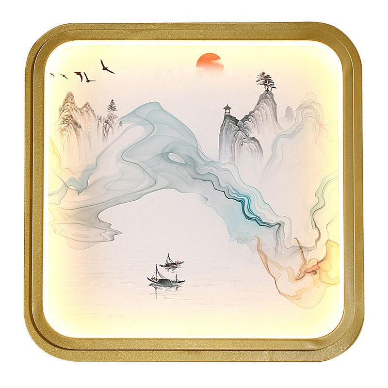 Hand-Paint Flower/Mountain Mural Lighting Chinese Fabric Living Room LED Wall Sconce with Gold Round/Square Frame