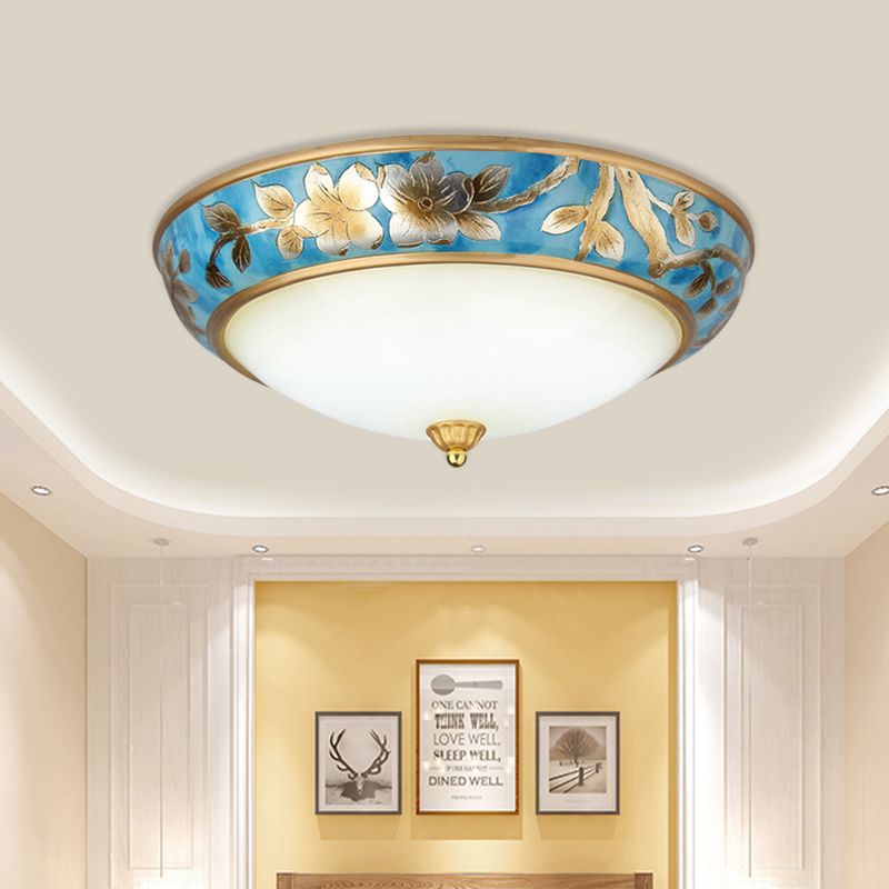 Blue 3/4 Bulbs Ceiling Flush Korea Countryside Frosted Glass Dome Flush Mounted Light with Flower Pattern, 16"/19.5" W