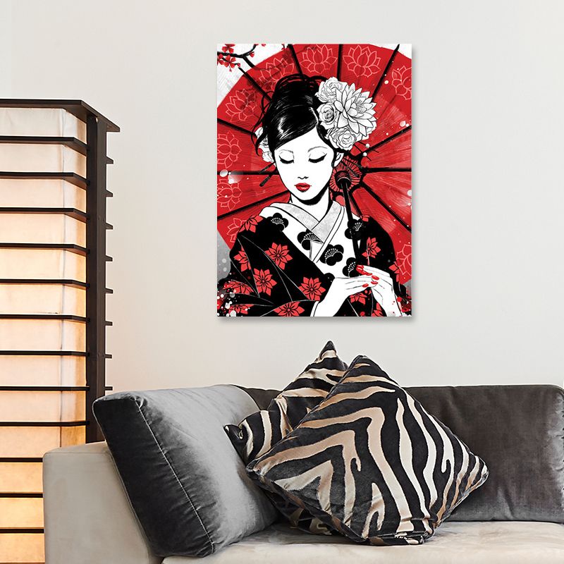 Japanese Geisha with Umbrella Canvas Red Home Wall Art Decor for Living Room, Multiple Size Options