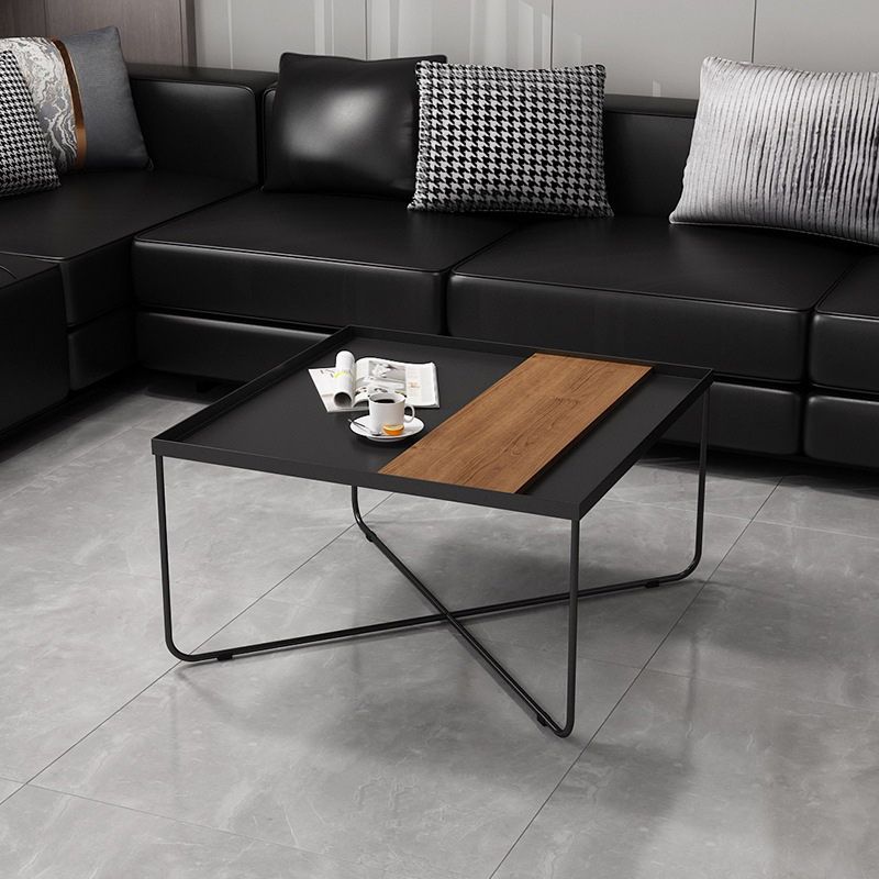 Mid-Century Modern Coffee Table with Iron Tray Top and Iron Cross Base