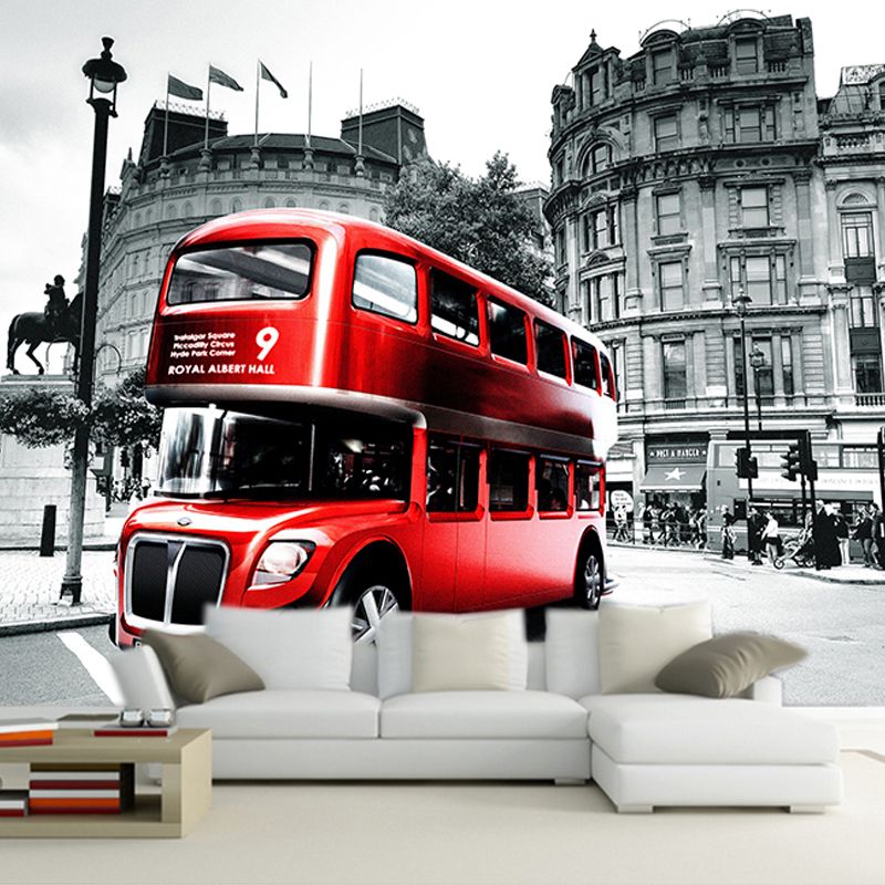 Extra Large Vintage Mural Wallpaper Grey and Red England Bus Wall Covering, Custom Size Available