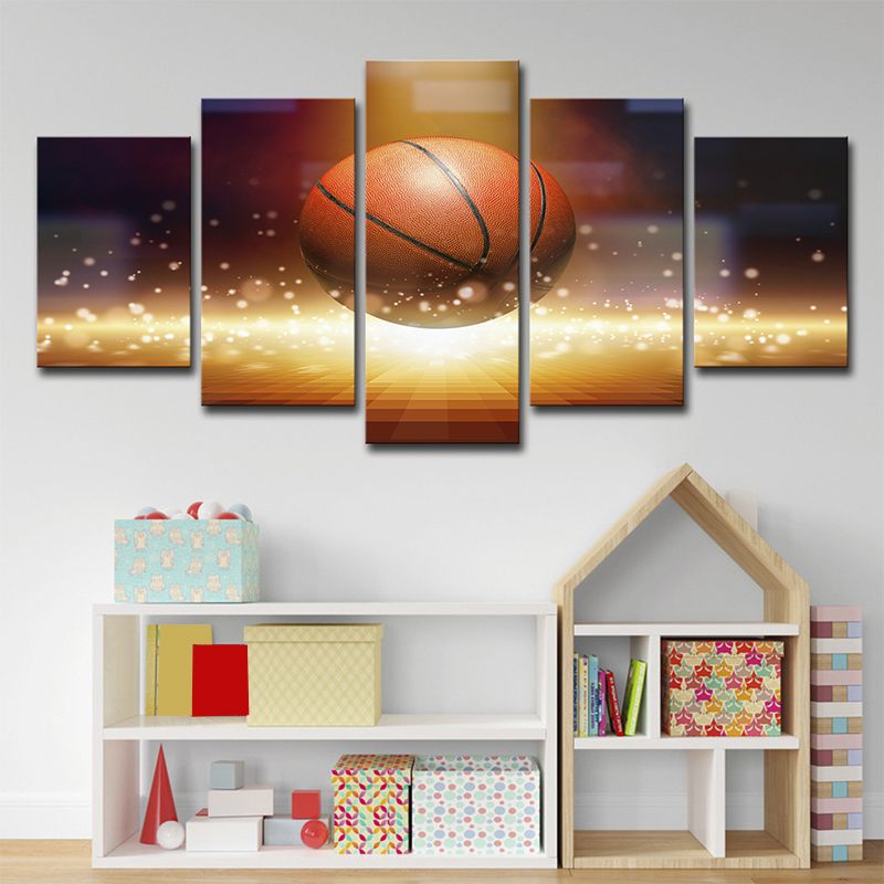 Basketball and Firefly Canvas Art Brown Contemporary Wall Decor for Boys Bedroom