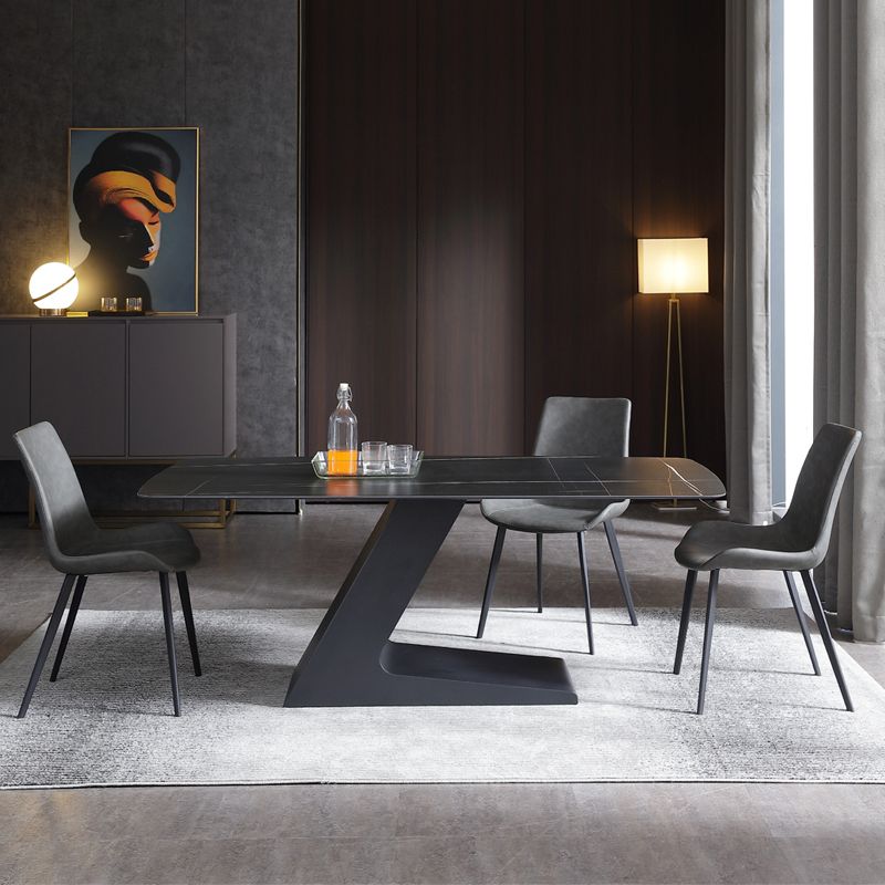 Black Stone Top Dining Table Modern Metal Pedestal Casual Dining Table