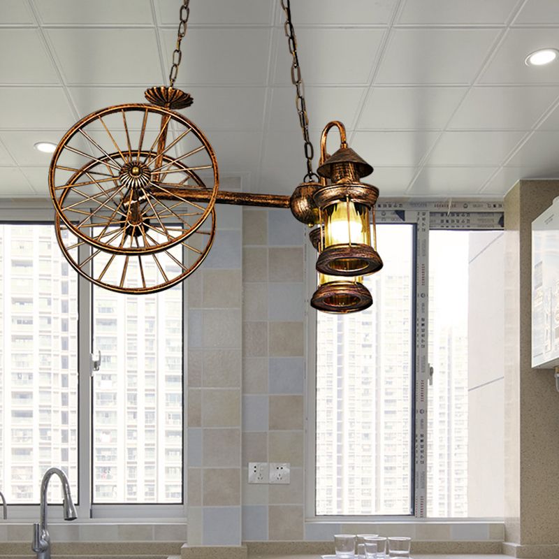 Rustic Stylish Wheel Design Hanging Lamp with Lantern Shade 2 Lights Metal Chandelier Lighting in Brass