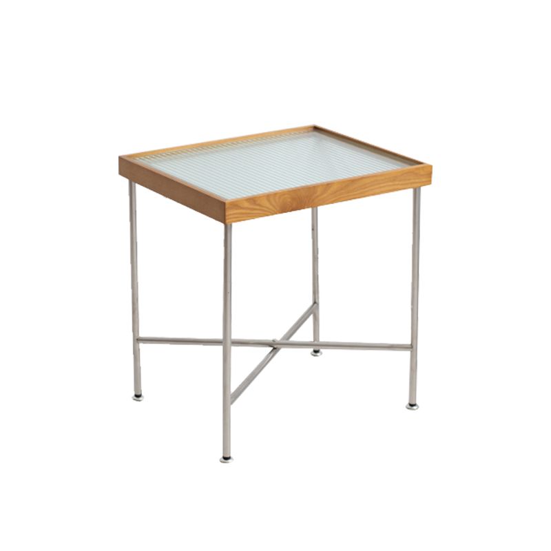 Scandinavian Glass Coffee Table with Wood Accents Cross Legs Cocktail Table