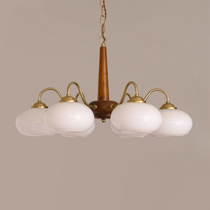 Brass Japanese Chandelier Bowl Shape Multi Light Hanging Light with Wood for Restaurant