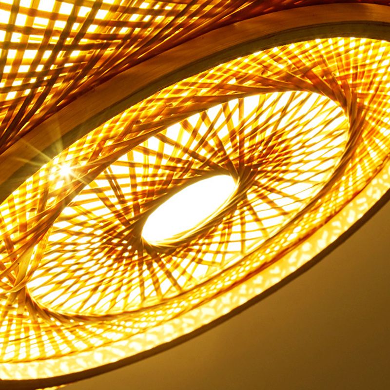 Bamboo Log Color Flush Mount in Asian Artistic Style Drum Weaving Ceiling Light for Interior Spaces