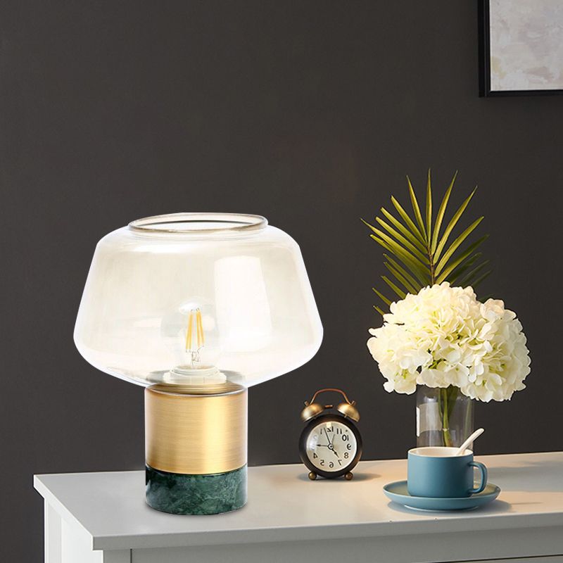 Open-Top Clear Glass Night Light Modern 1 Head Gold Plug In Table Lamp with Round White/Green Marble Base