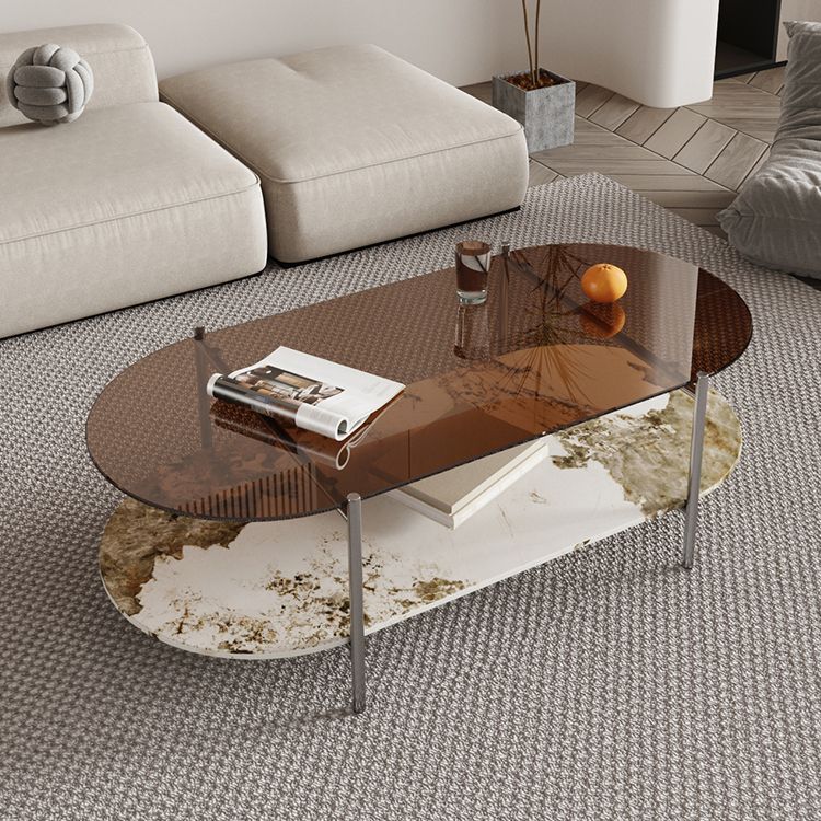 15.74" H Oval Glass Coffee Table Stainless Steel Sled Cocktail Table with Shelf