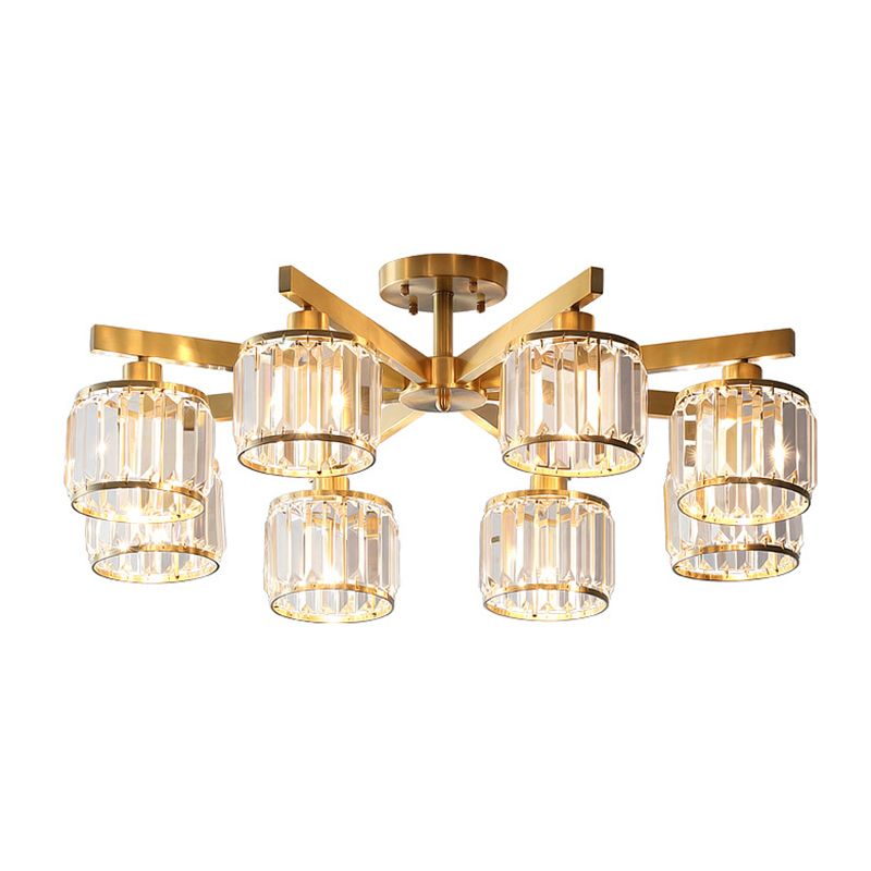 Radial Metallic Semi Flush Light Modern Gold Ceiling Flush Mount with Cylinder Tri-Prism Crystal Shade