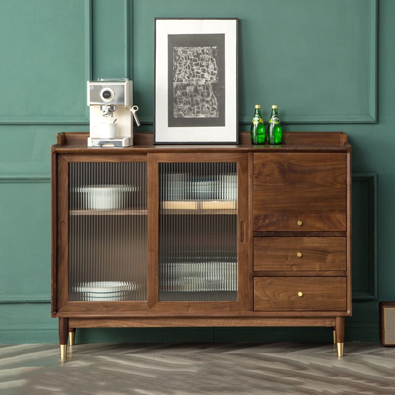 Modern Glass Doors Solid Wood Sideboard Cabinet with Cabinets and Drawers