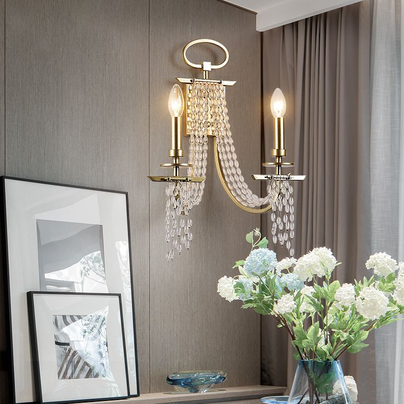 Metal Candle Wall Sconce Lighting Modern Luxurious 2-Head Gold Wall Light with Crystal Tassel