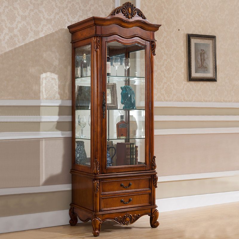 Traditional Glass Doors Curio Cabinet Rubber Wood Display Cabinet for Home