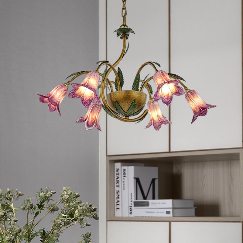 Brass 6 Heads Chandelier Lighting Vintage White/Purple Glass Bloom Pendant Ceiling Light for Bedroom