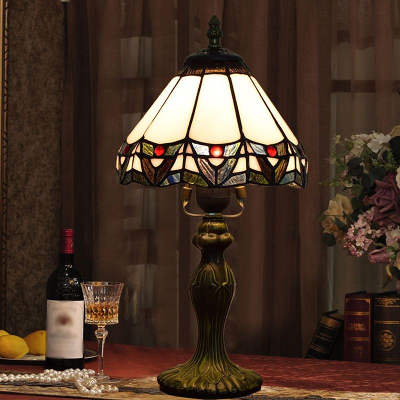 Lampada da tavolo bianca in vetro colorato tonalità conica 1 ombreggiatura antica comodino per camera da letto