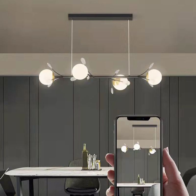 Modern Spherical Island Light Fixture White Glass 4 Heads Dining Room Pendant Light