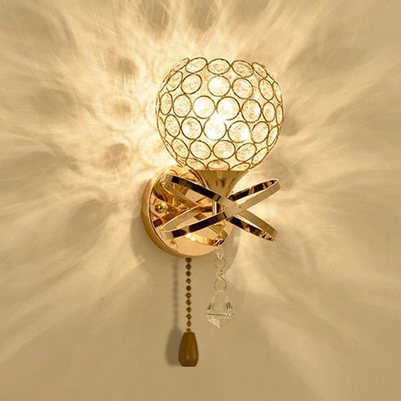Modern Pull-Chain Wall Lamp Gold Global Wall Mounted Light with Crystal Shade