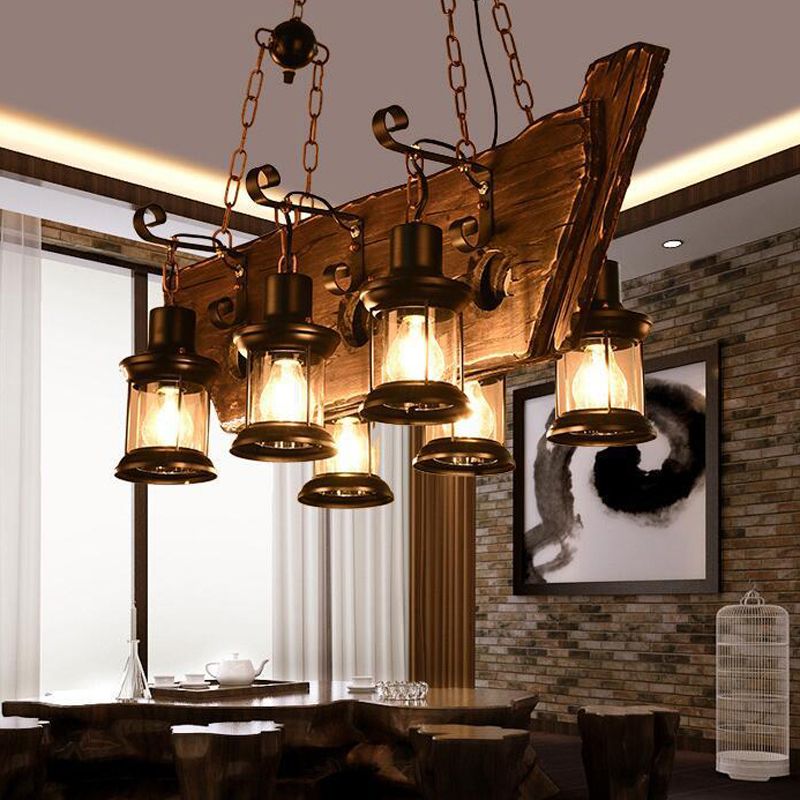 6-Lights Industrial Style Island Pendants Wood Pendant Lights for Dining Room