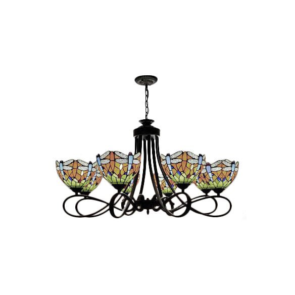 Stained Glass Dragonfly Hanging Chandelier Rustic Lodge 5/8 Lights Suspension Light for Stairway