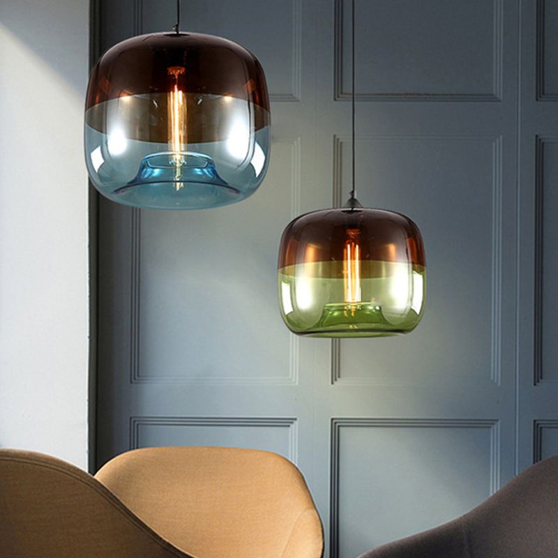 Drum Pendant Ceiling Light Postmodern Blue/Green-Brown Glass 1 Bulb Dining Room Suspension Lamp with Recessed Bottom