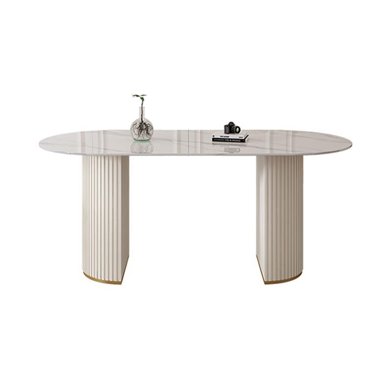 Metal Contemporary White Dining Table Marble Top Table with Double Pedestal