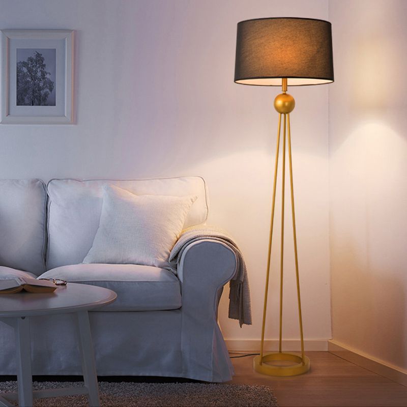 1-Light Living Room Stand Up Lamp Modernist White/Black/Flaxen Tripod Floor Lamp with Drum Fabric Shade