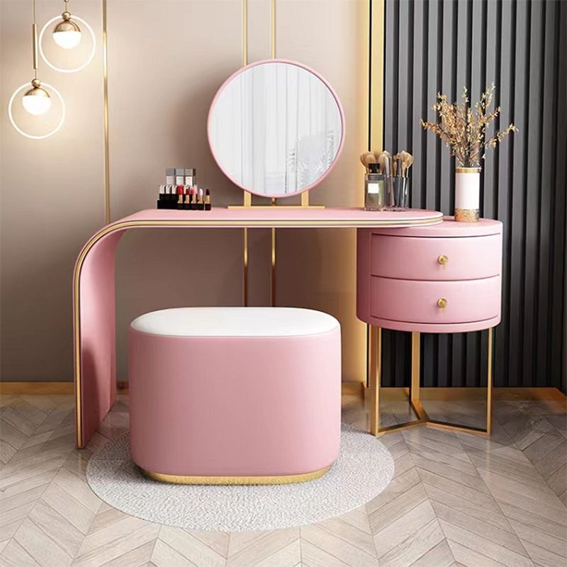 2 Drawers Vanity Set with Stool and Mirror Genuine Leather Makeup Vanity Table for Women