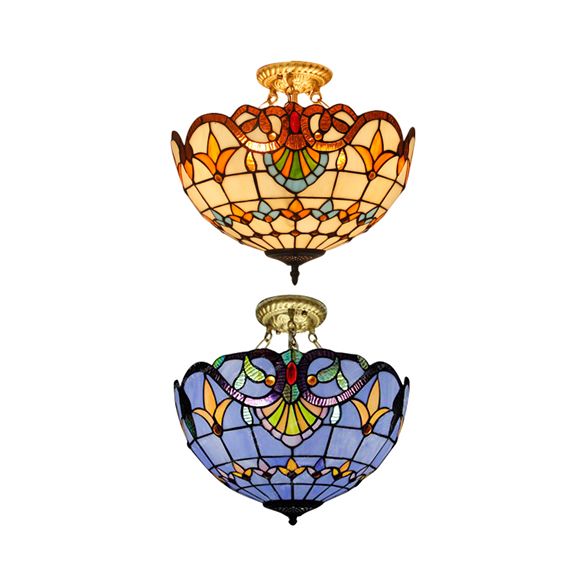 Victorian Designed Ceiling Fixture Tiffany Stylish Beige/Red/Orange/Brown/Blue/Purplish Blue Glass Semi Flush Ceiling Light for Study Room