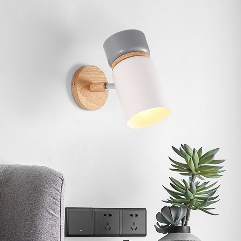 Grey-White Cylindrical Rotating Sconce Nordic Single Iron Wall Mounted Lamp with Wood Accent