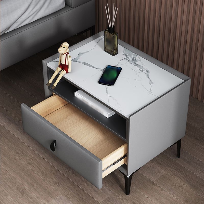 1-Drawer Storage 20'' Tall Nightstand Open Storage Stone Top Solid Wood Night Table