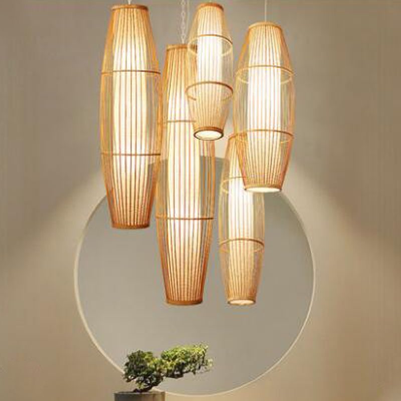 Elliptical Hanging Pendant Light Asian Bamboo 1 Bulb Living Room Small/Medium/Large Ceiling Hang Lamp in Beige