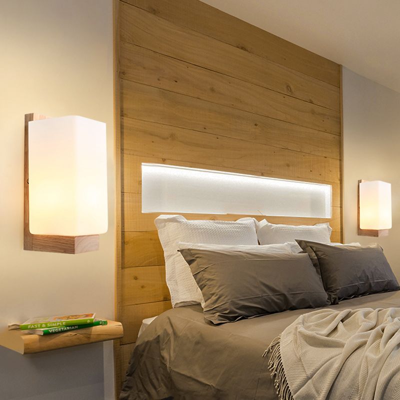 1 Head Stairway Wall Lamp Japanese Wood Sconce Light Fixture with Rectangular Milk Glass Shade