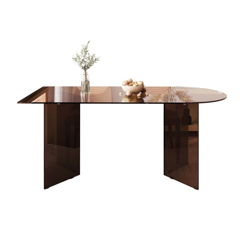 Contemporary Dining Table Tempered Glass Dining Table with Double Pedestal for Dining