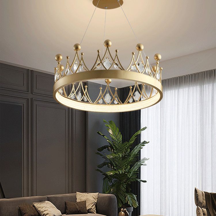 Gold Finish Crown Shaped Chandelier Minimalist Crystal LED Hanging Lamp for Bedroom