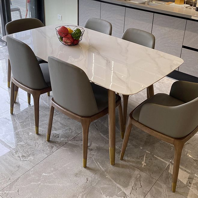 Mesa rectangular contemporánea de madera maciza mesa de comedor de piedra sinterizada con 4 patas