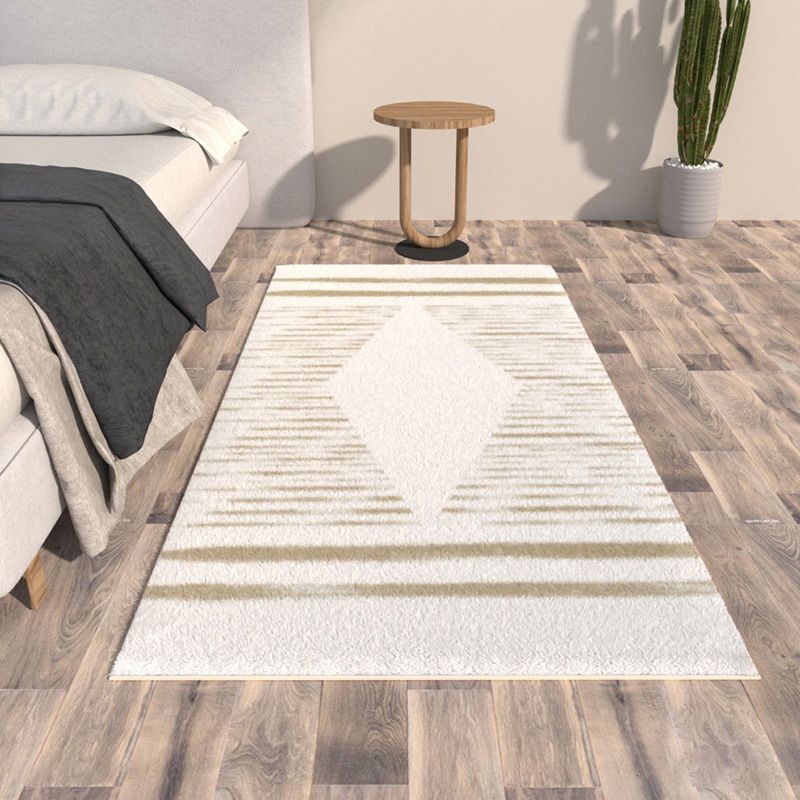 Simple Line Rug Polyester White Rug Tear Resistant Rug for Bedroom