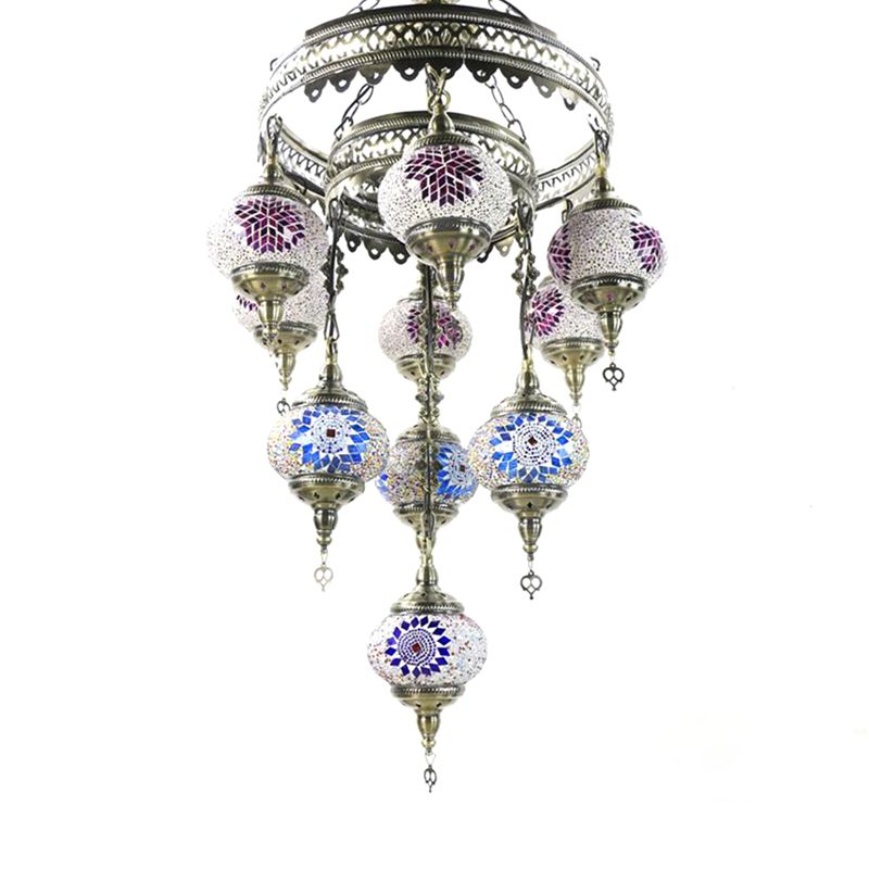 10 Heads Oval Hanging Light Fixture Traditional Red/Pink/Yellow Multicolored Stained Glass Chandelier Lamp