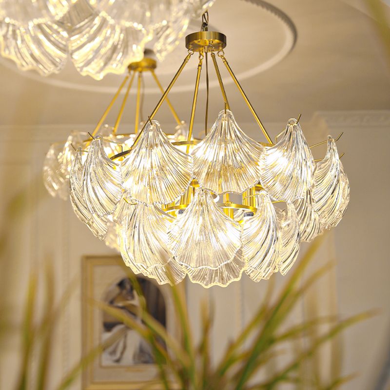 American Shell Chandelier Glass Multi Light Hanging Light in Gold for Bedroom